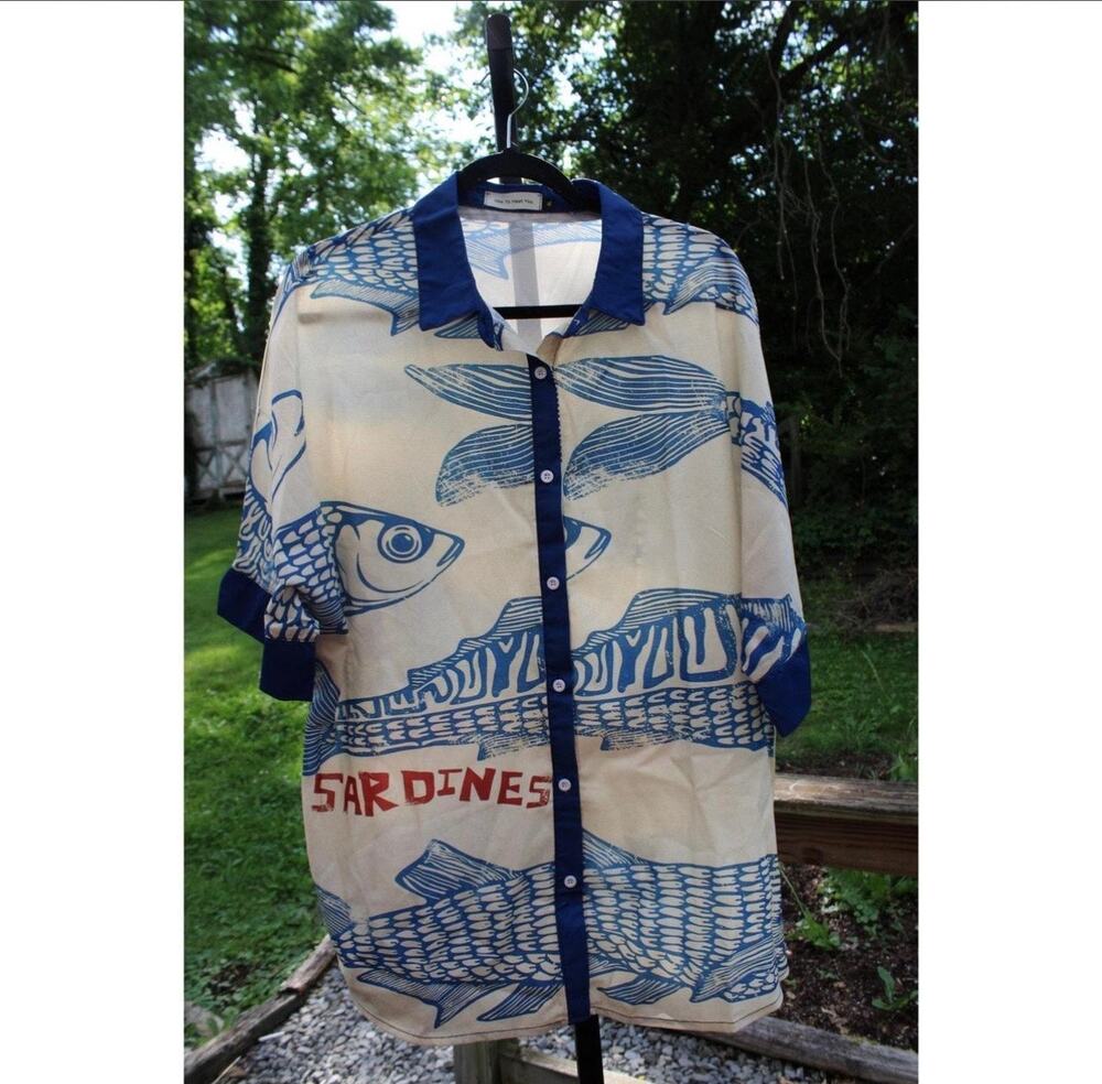 Sardines Oversized Fish Print Button-Up Shirt Size 3XL Coastal Beach Blouse